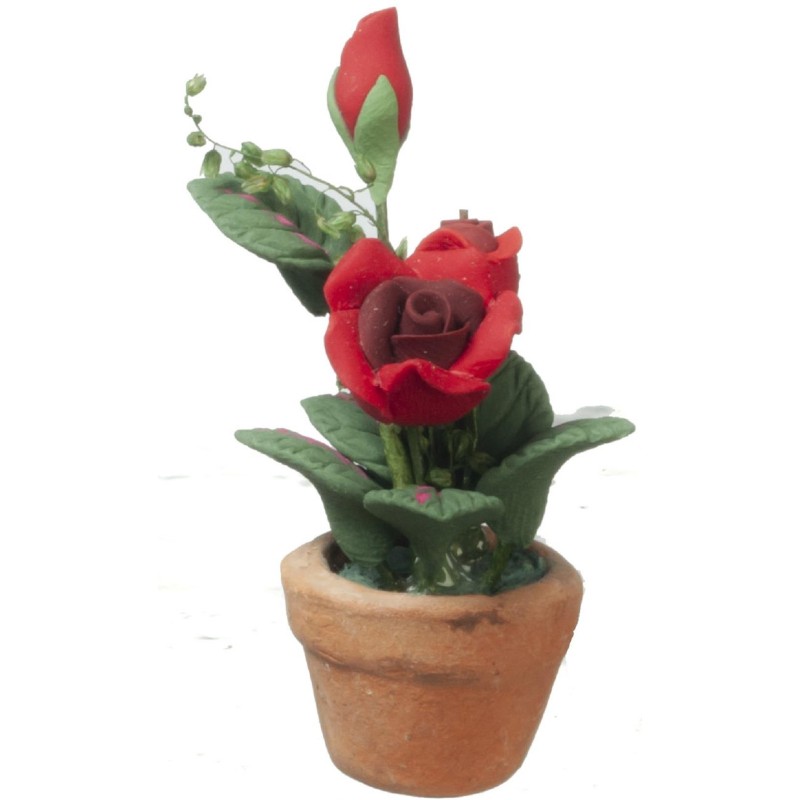 Dolls House Red Rose Flowers in Terracotta Pot Miniature Garden Accessory 1:12