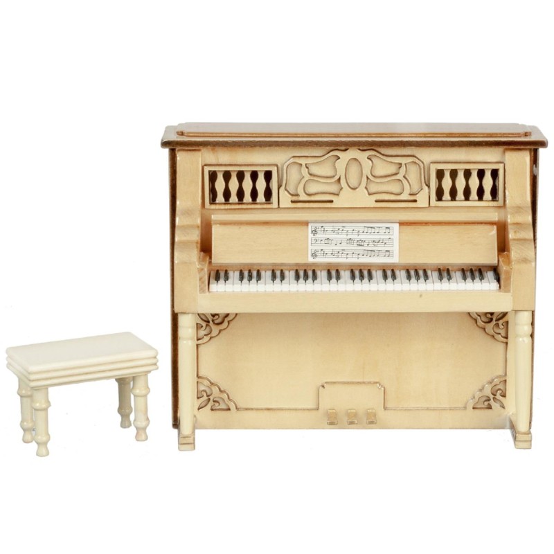 Dolls House Upright Piano Cream & Stool Miniature Music Room School Instrument