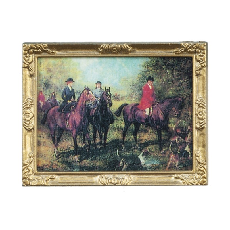 Dolls House Victorian Hunting Scene Picture Painting Gold Framed 1:12 Miniature 