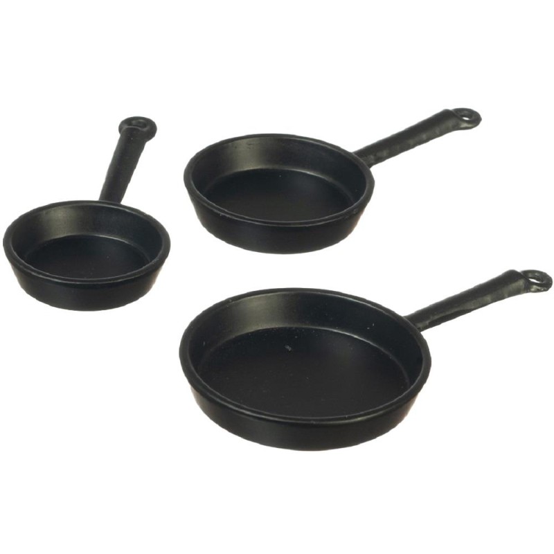 Dolls House 3 Black Skillet Frying Pans Miniature Kitchen Cooking Accessory 1:12