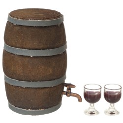 Dolls House Large Wine Beer Barrel with Tap & Glasses Miniature Pub Accessory