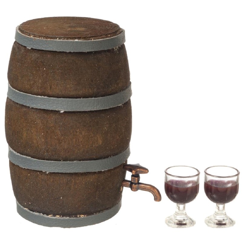 Dolls House Large Wine Beer Barrel with Tap & Glasses Miniature Pub Accessory