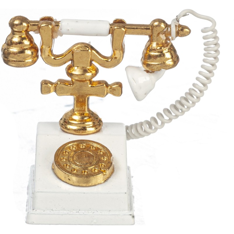 Dolls House White & Gold 1950 60's Classic Fancy Telephone Miniature Accessory