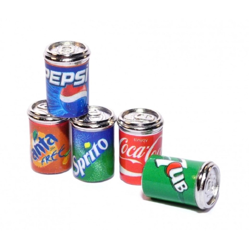 Dolls House 5 Soda Pop Cans Tins Miniature 1:12 Metal Pub Drinks Shop Accessory