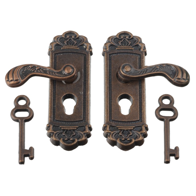 Dolls House 2 Bronze Door Handles with Keys Miniature Door Knobs Furniture 1:12