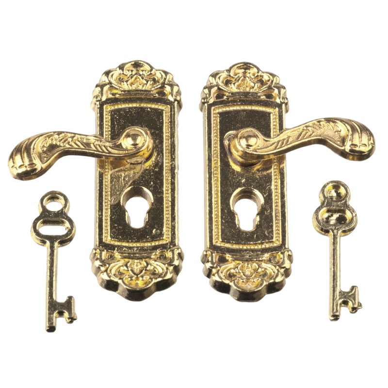 Dolls House 2 Brass Door Handles with Keys Miniature Door Knobs Furniture 1:12