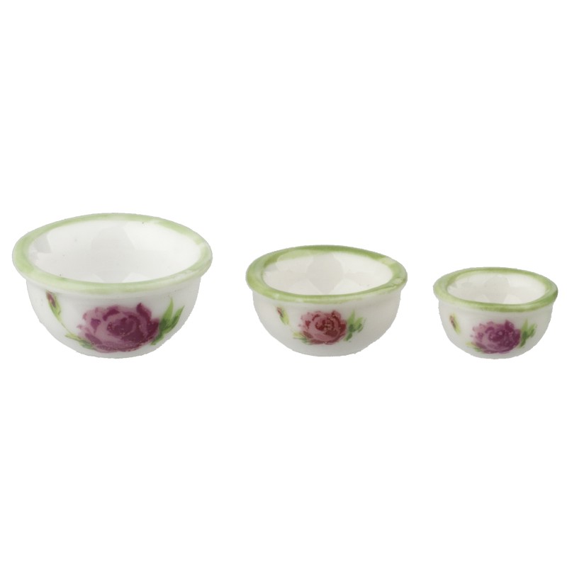 Dolls House 3 White Floral Nesting Bowls Dishes Miniature Dining Room Accessory