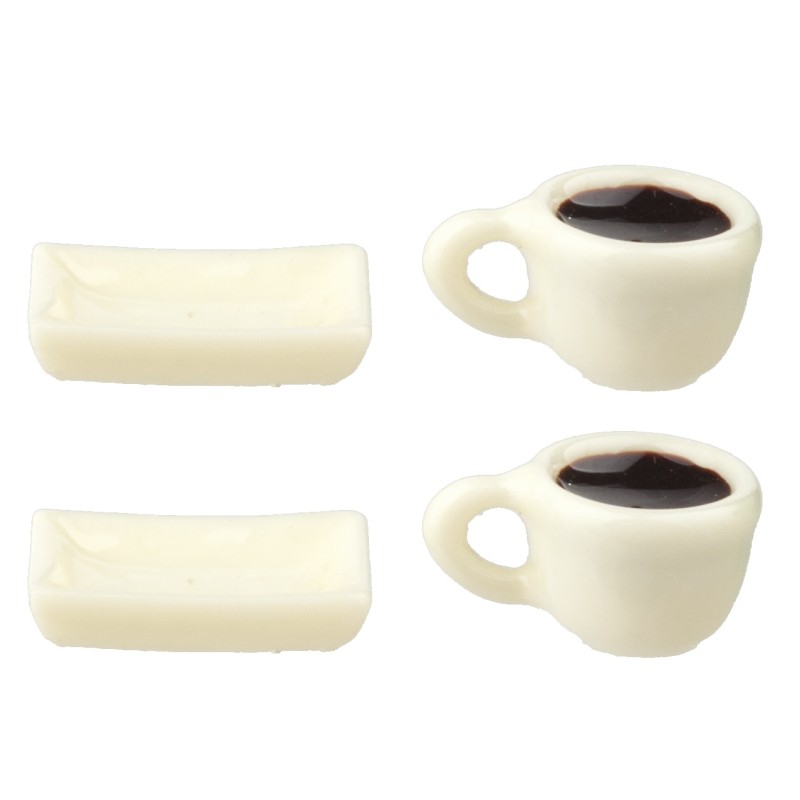 Dolls House 2 White Coffee Mugs and Saucers Modern Cafe Dining Accessory 1:12
