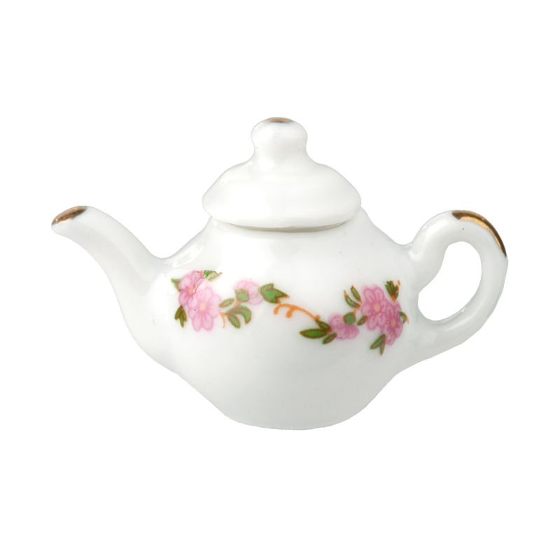 Dolls House White Teapot with Pink Flowers Miniature Kitchen Dining Accessory
