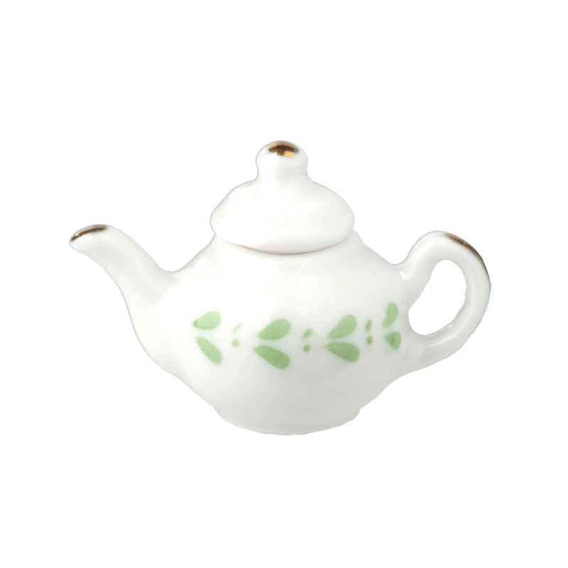 Dolls House White & Green Teapot Miniature Kitchen Dining Accessory 1:12 Scale