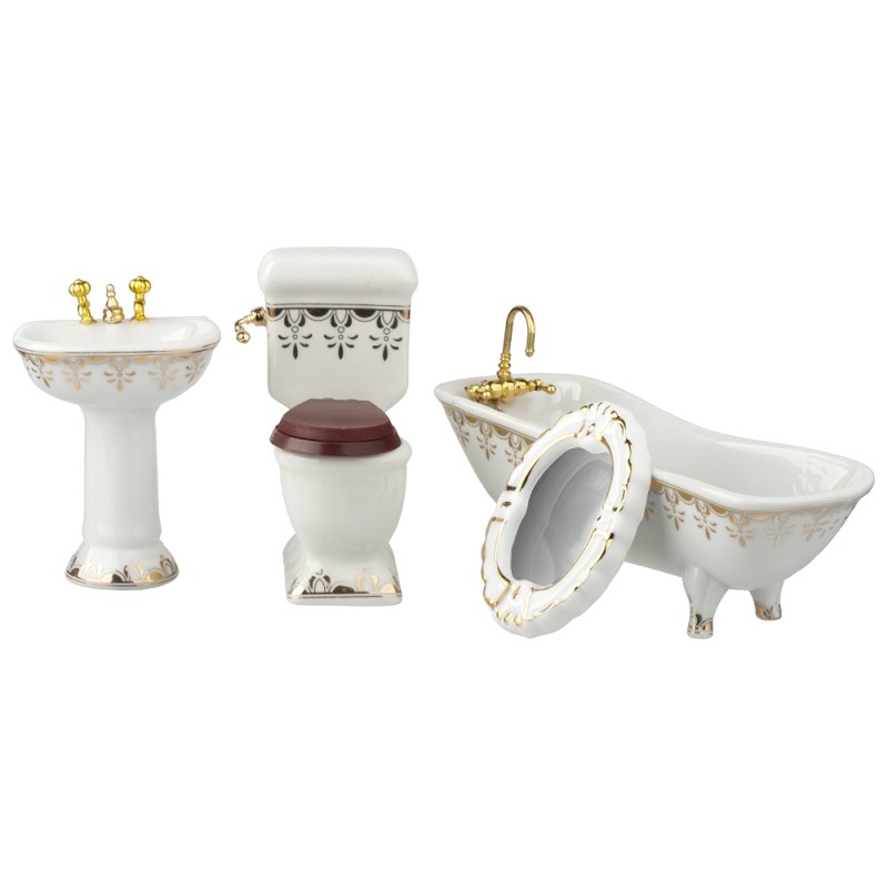 Dolls House White and Gold Bathroom Suite Porcelain Miniature Furniture Set