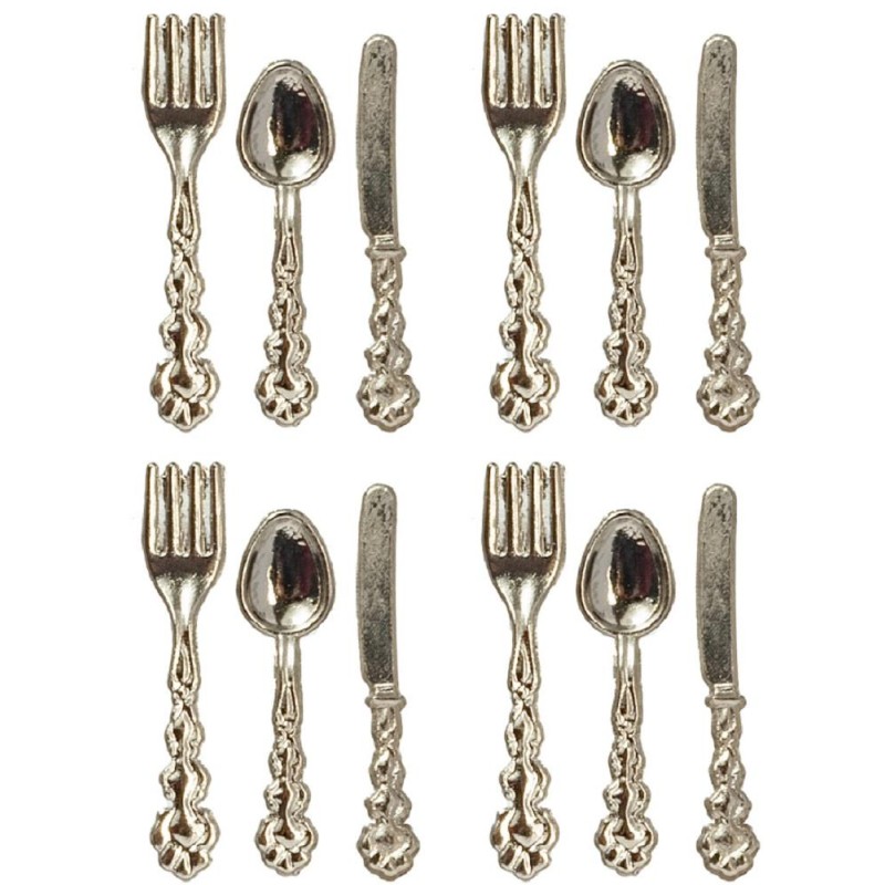 Dolls House Silver Cutlery Set 4 Place Settings Miniature Dining Room Tableware