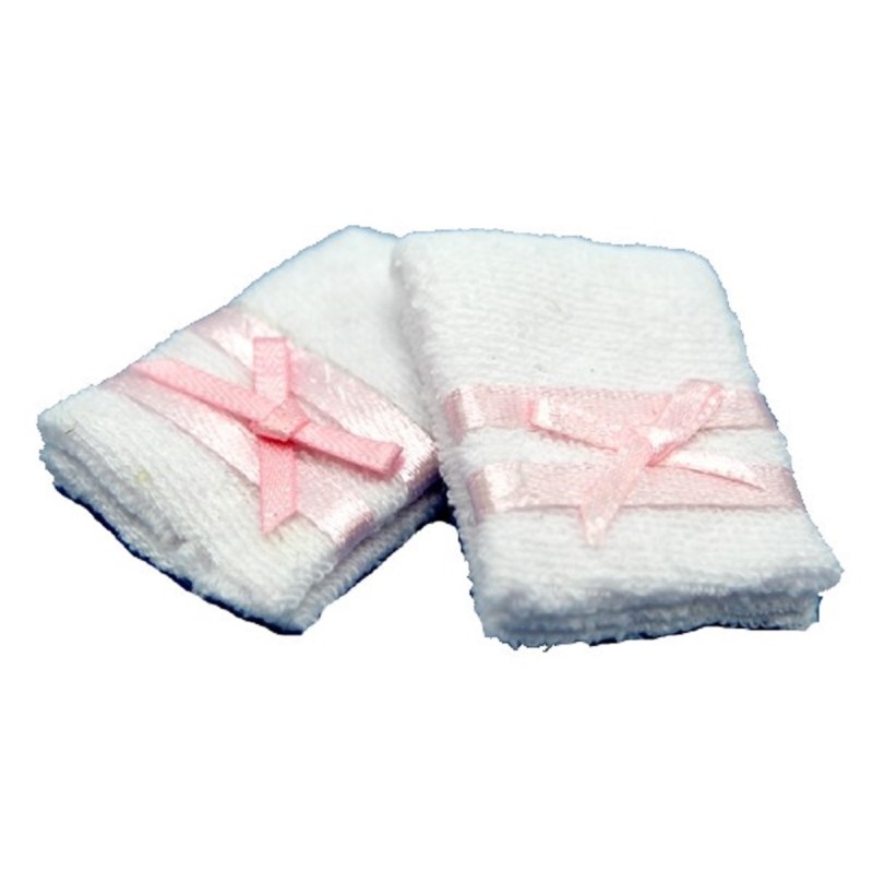 Dolls House Set of 2 White Towels with Pink Ribbon Miniature Bathroom Accessory