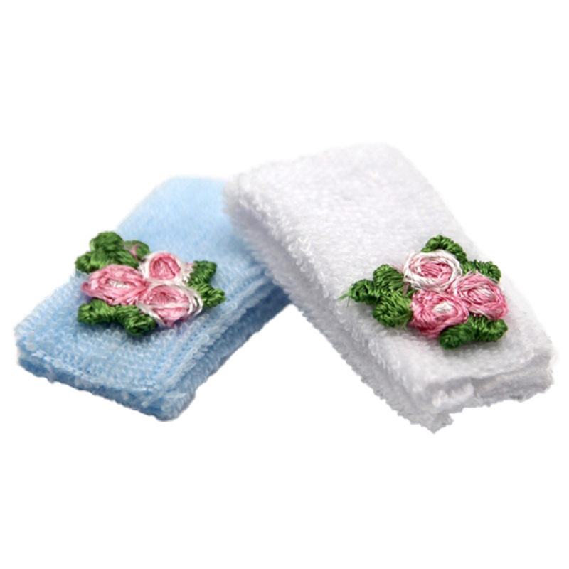 Dolls House 2 White & Blue Hand Towels with Flowers Miniature Bathroom Accessory