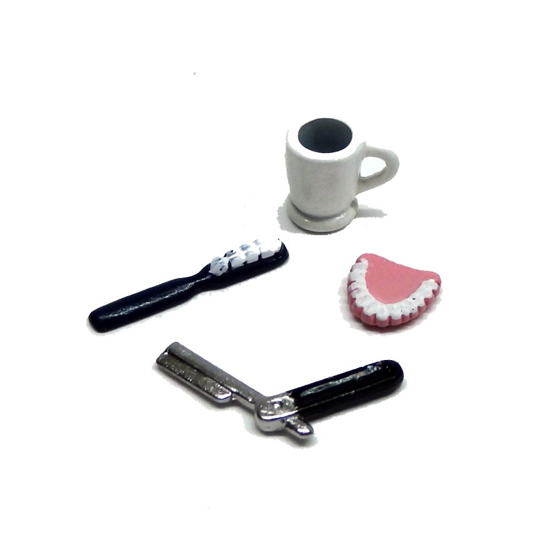 Dolls House Miniature False Teeth Mug Toothbrush Shaving Set Bathroom Accessory