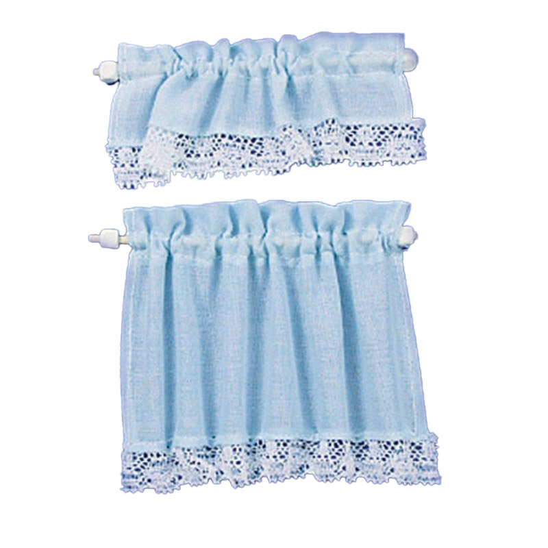 Dolls House Blue Curtain & Pelmet Set on Rails Miniature 1:12 Window Accessory