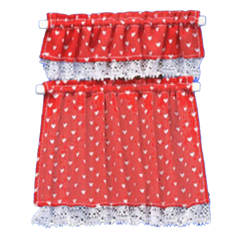 Dolls House Red White Hearts Curtain & Pelmet Set on Rails Window Accessory