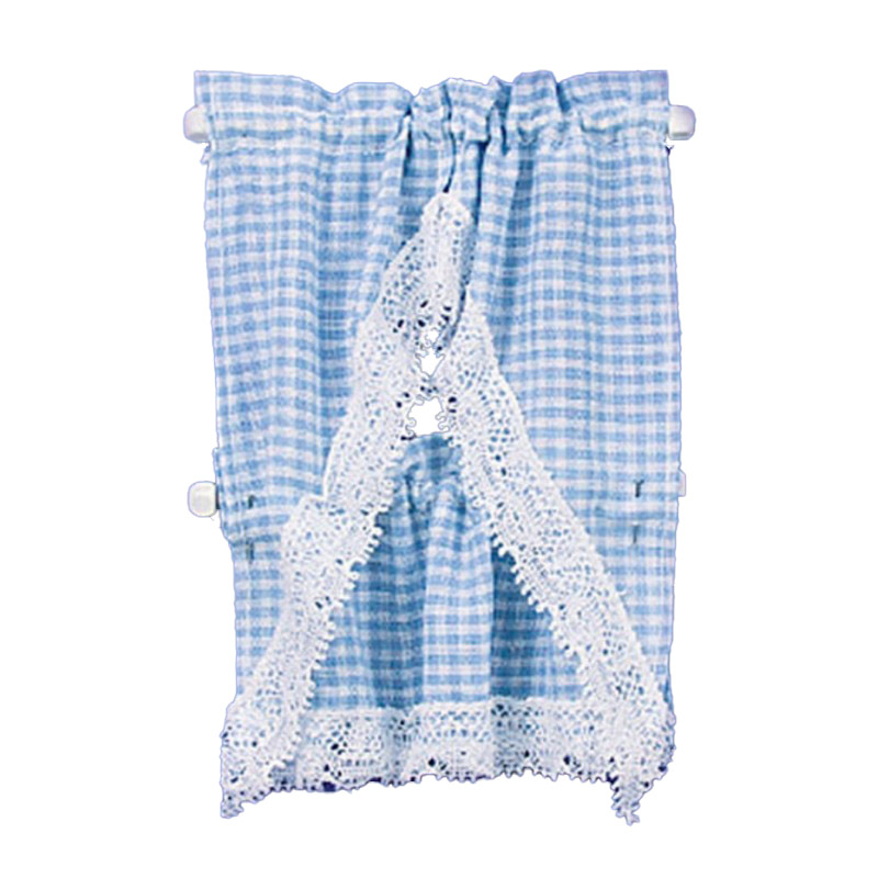 Dolls House Blue Gingham Kitchen Curtains & Valance on Rail Miniature Accessory