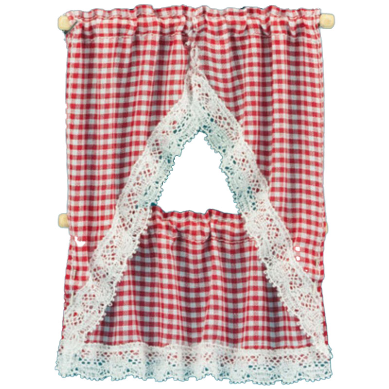 Dolls House Red Gingham Kitchen Curtains & Valance on Rail Miniature Accessory