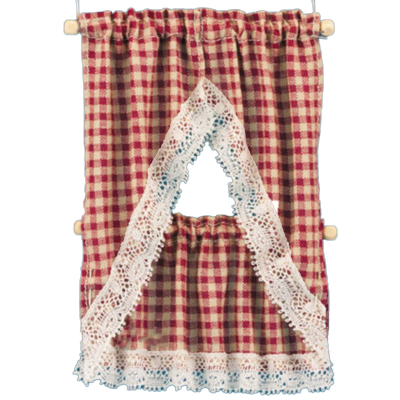 Dolls House Red Beige Gingham Country Kitchen Curtains & Valance 1:12 Accessory
