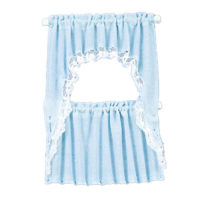 Dolls House Blue Curtain & Valance Set on Rails Miniature Window Accessory