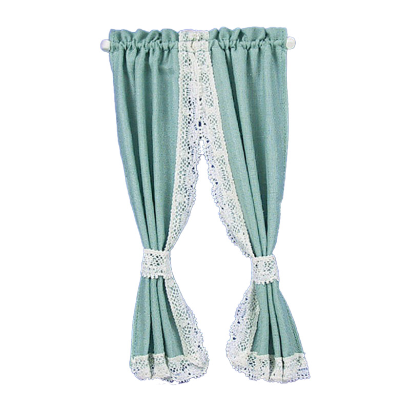 Dolls House Green Curtains Drapes on Rail Miniature 1:12 Scale Window Accessory