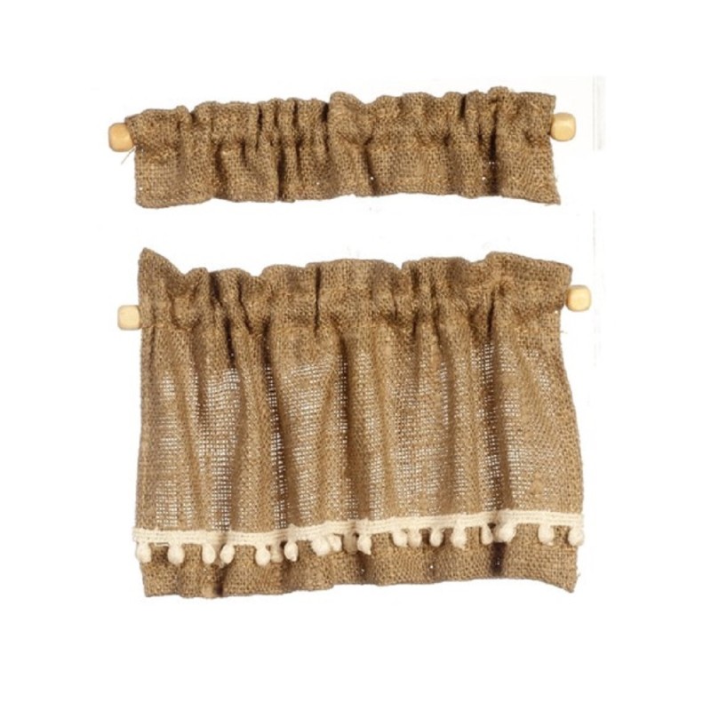 Dolls House Brown Burl Curtain & Pelmet Set Window Accessory