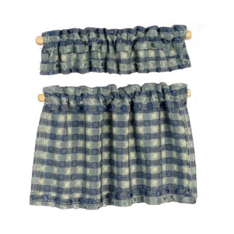 Dolls House Blue Damask Curtain & Pelmet Set Cafe Window Accessory