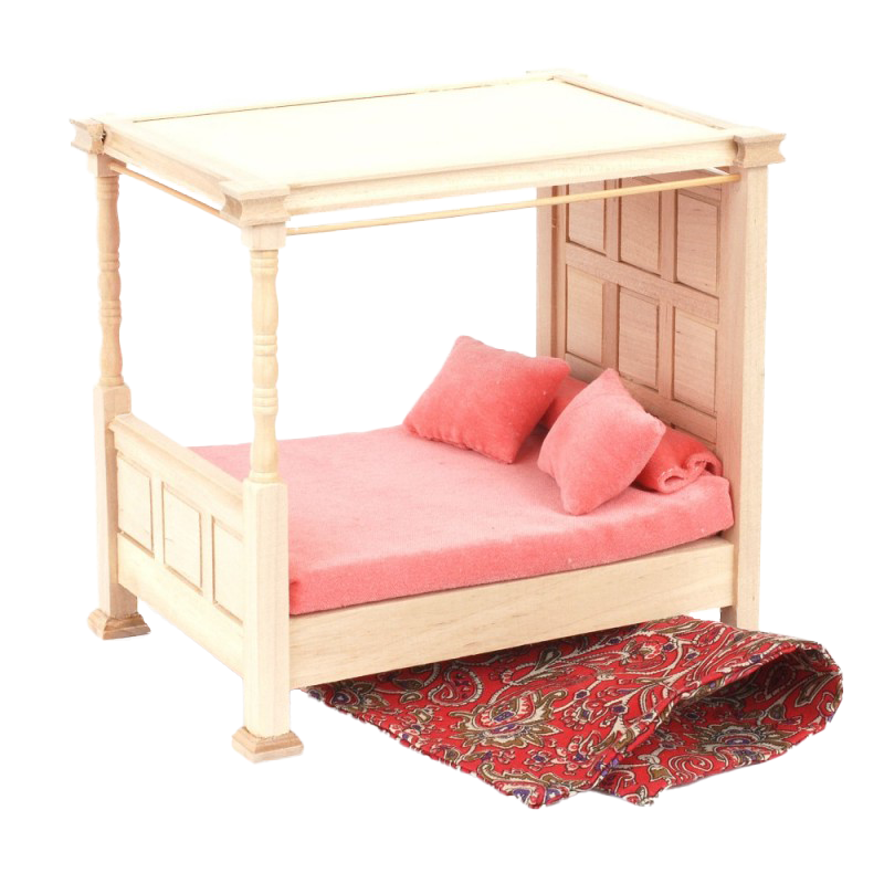 Dolls House Tudor Bare Wood Tester Bed 4 Poster with Bedding Bedroom Furniture