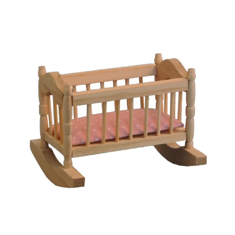 Dolls House Bare Wood Rocking Cradle Crib & Pink Mattress 1:12 Nursery Furniture