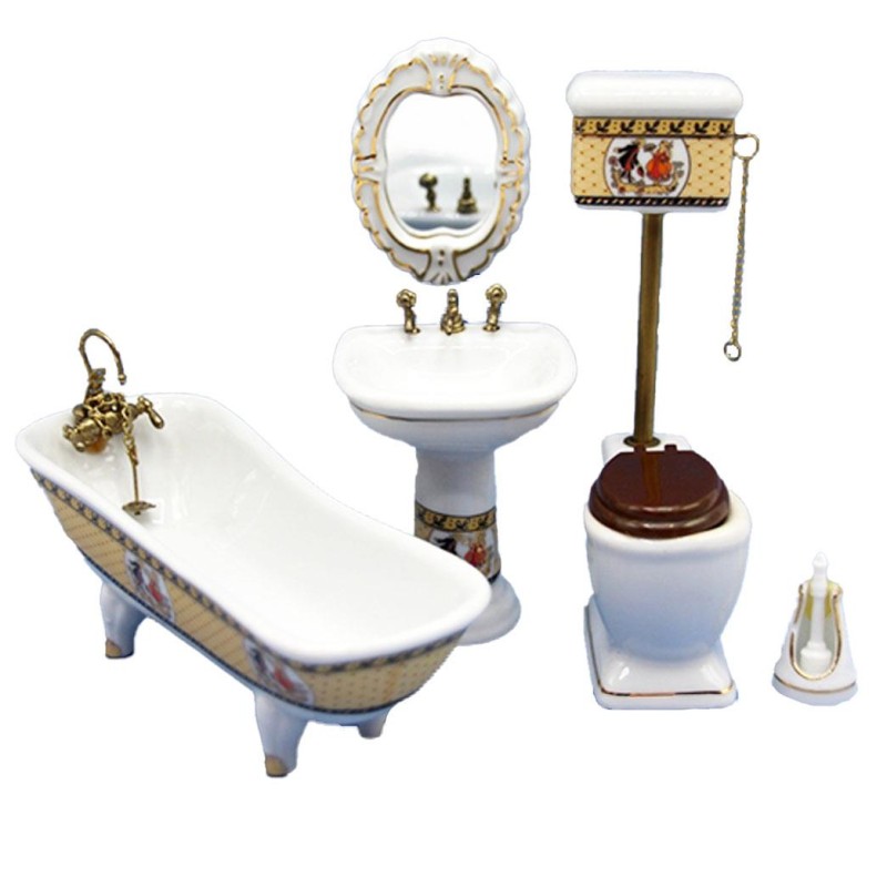 Dolls House White Porcelain Bathroom Suite Gold Trim Miniature Furniture Set
