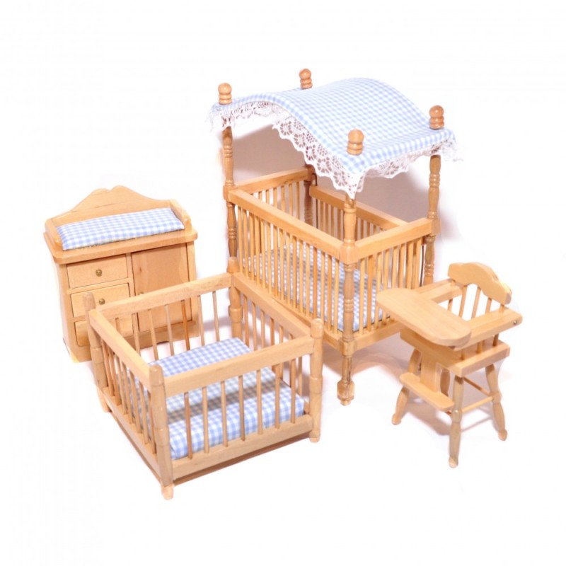 Dolls House Light Oak Blue Gingham Nursery Furniture Miniature Baby Boy Room Set