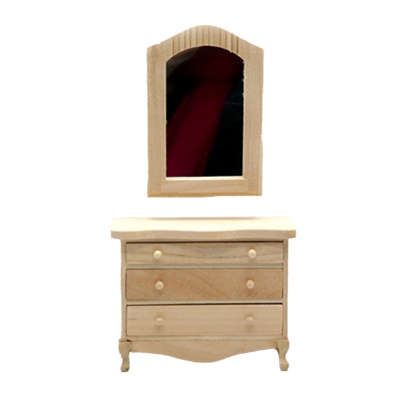 Dolls House Bare Wood Chest of Drawers with Mirror Miniature Bedroom Furniture