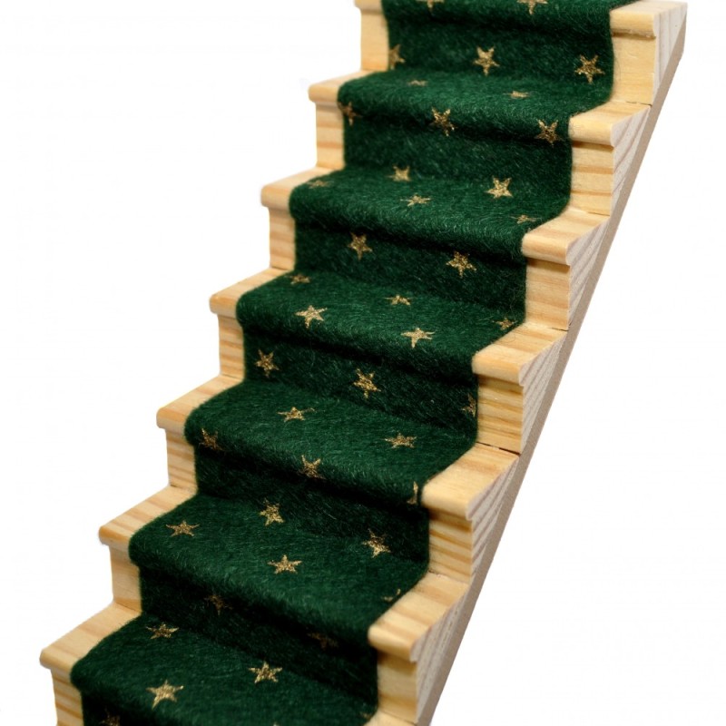 Dolls House Ivy Green & Gold Stars Stair Carpet Runner Self Adhesive Flooring