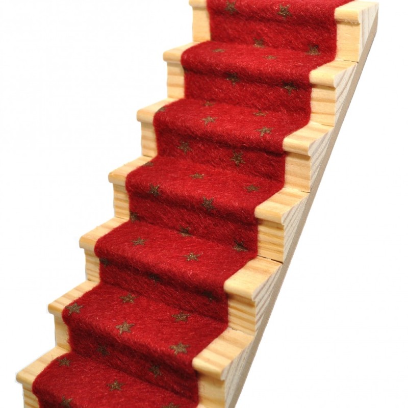Dolls House Garnet Red & Gold Stars Stair Carpet Runner Self Adhesive Flooring