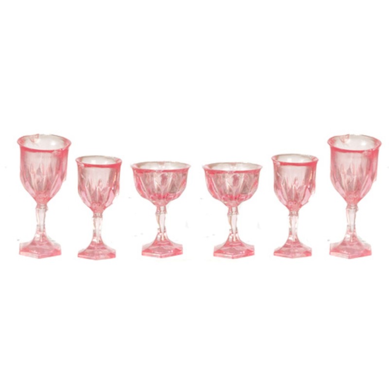 Dolls House Pink Cut Stemware Glasses Set Chrysnbon Miniature Dining Accessory