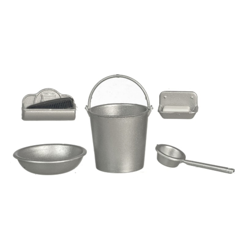 Dolls House Rustic Silver Kitchen Washing Accessory Set Chrysnbon