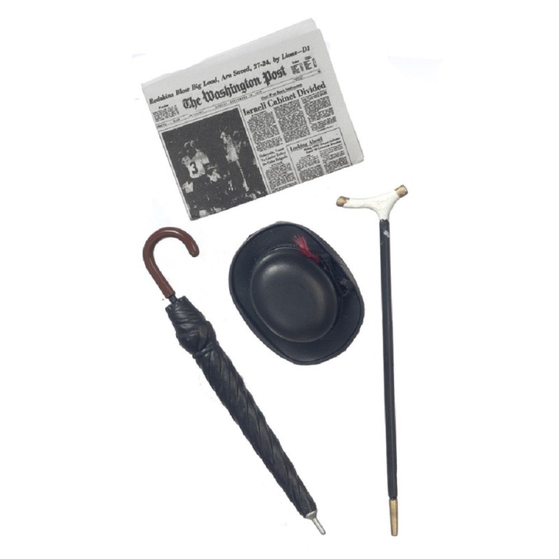 Dolls House Gentleman's Hat Cane Newspaper & Umbrella Accessory Set