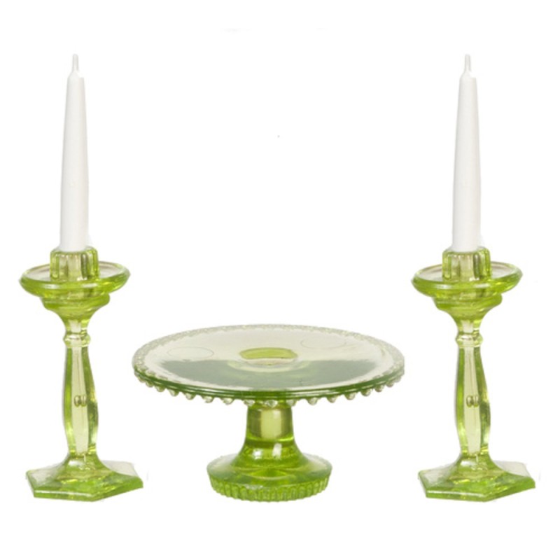 Dolls House Green Cake Stand & Candlesticks Dining Room Accessory