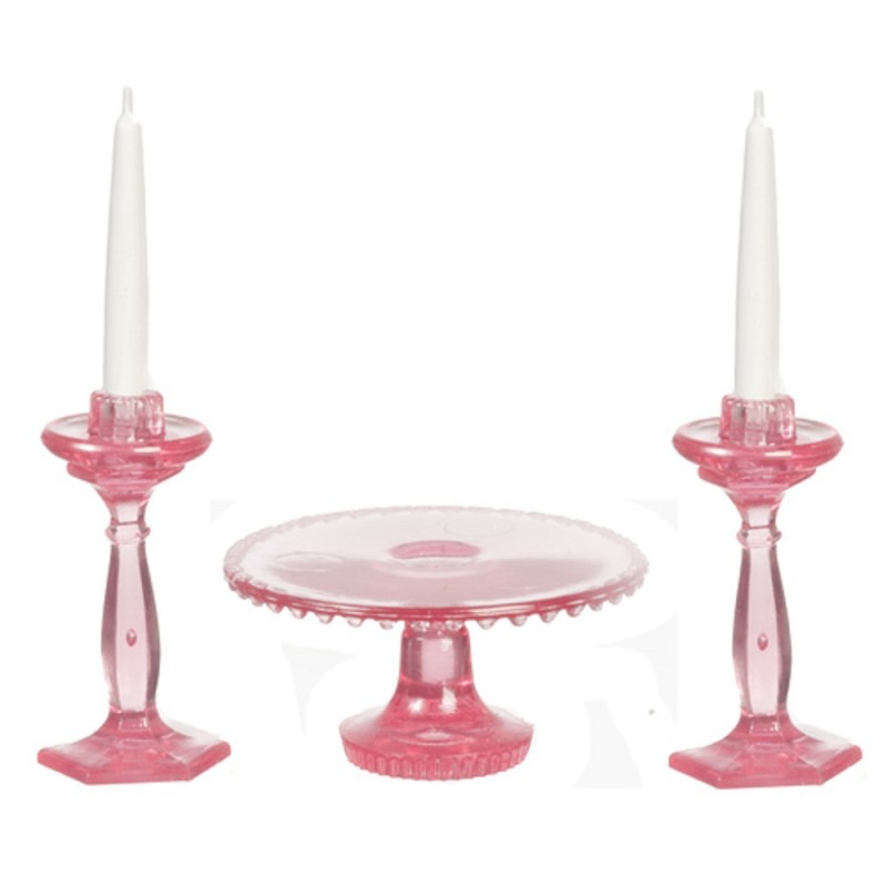 Dolls House Pink Cake Stand & Candlesticks Dining Room Accessory