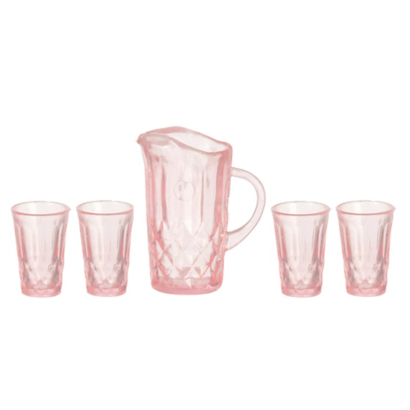 Dolls House Pink Jug & 4 Glasses Set Chrysnbon Dining Room Kitchen Accessory