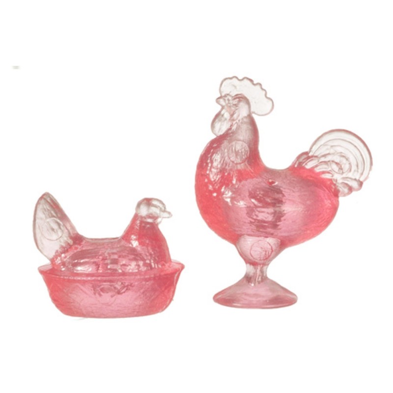Dolls House Pink Rooster & Nesting Hen Chrysnbon Ornaments 