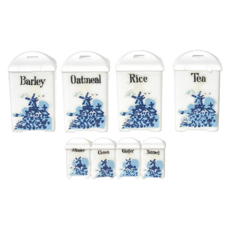 Dolls House White Blue Floral Canister Set Delft Storage Jars Kitchen Accessory