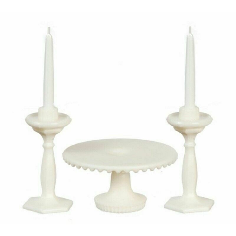 Dolls House White Cake Stand & Candlesticks Miniature Dining Room Accessory Set