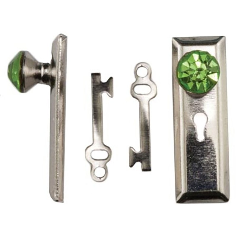 Dolls House Satin Nickel Door Handle with Green Crystal Knob & Keys