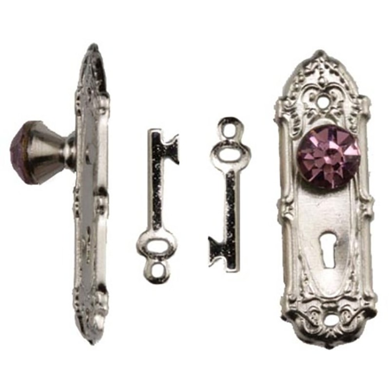 Dolls House Satin Nickel Door Handle with Purple Crystal Knob & Keys