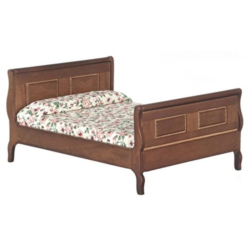 Dolls House Dark Oak Double Sleigh Bed Miniature 1:12 Wooden Bedroom Furniture