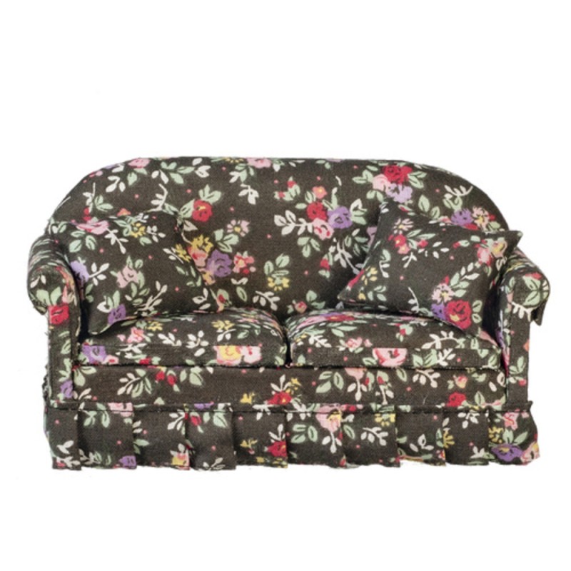 Dolls House Modern Black Floral Sofa Miniature Living Room Furniture