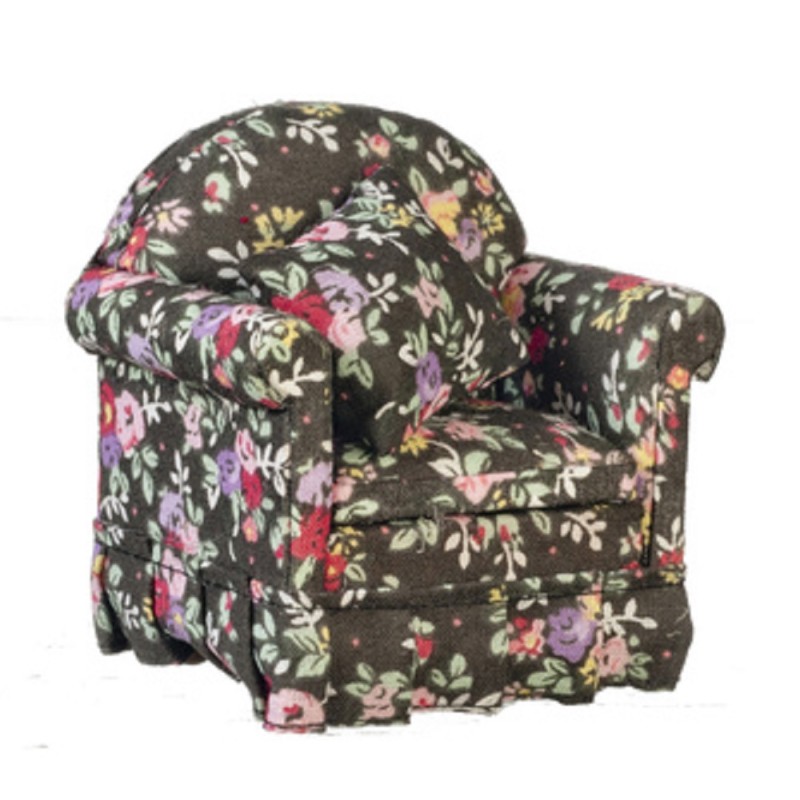 Dolls House Modern Black Floral Armchair 1:12 Living Room Furniture