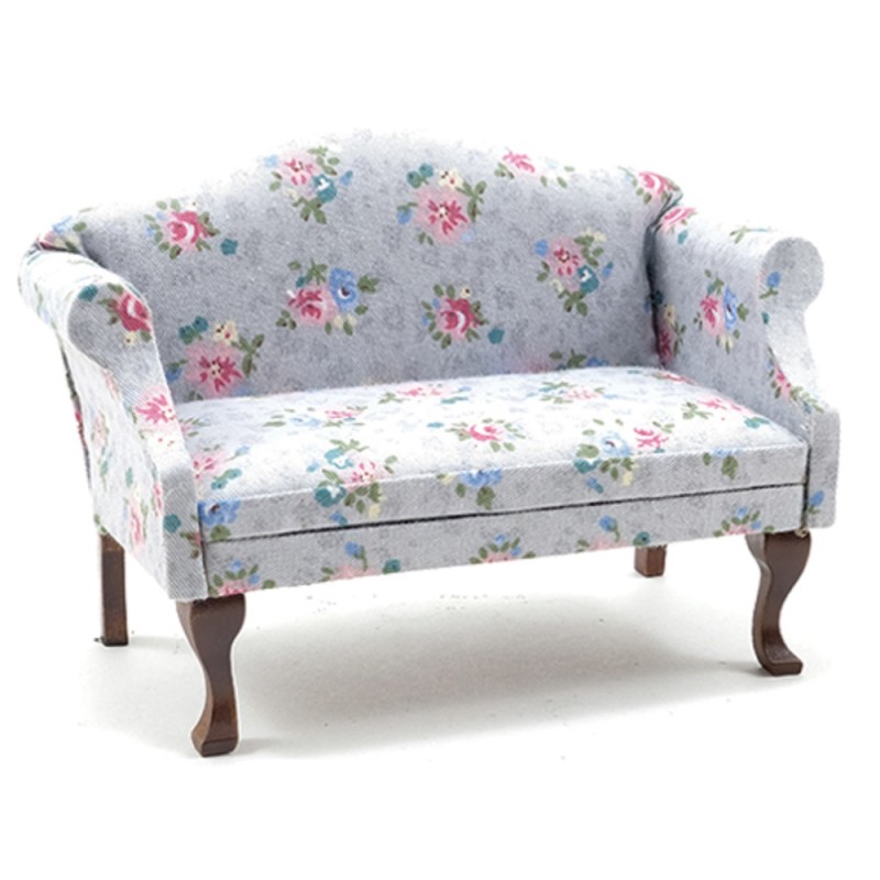 Dolls House Walnut & Grey Floral Queen Ann Sofa Gray Living Room Furniture